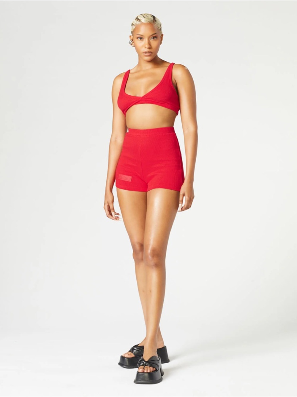 Red Ribbed T High-Waist Shorts Set